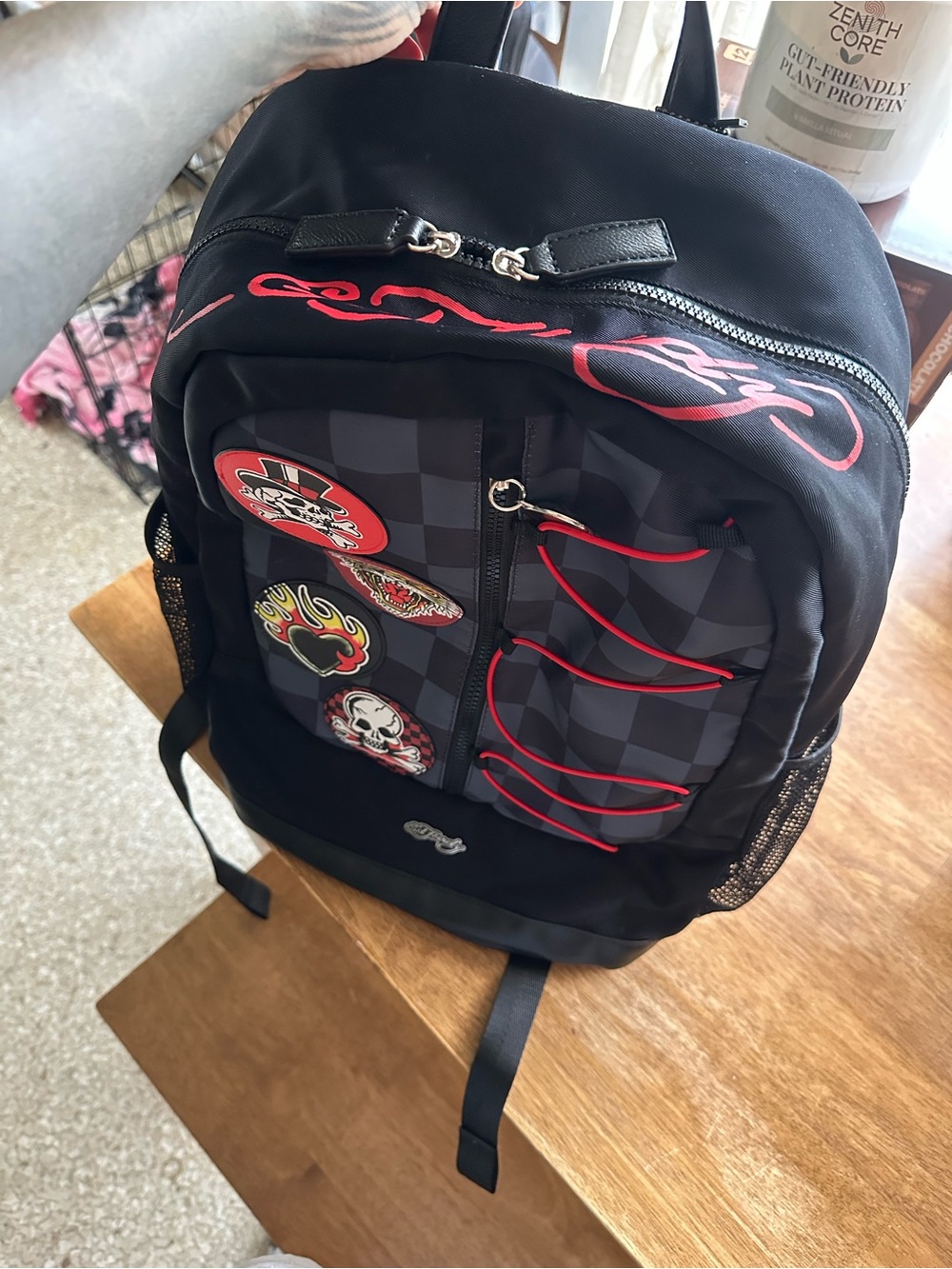 Ed Hardy Black & Red Checkerboard Skull Patch Backpack - Picture 4 of 5